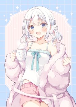 1girl :d bare_shoulders blue_eyes blush camisole collarbone cowboy_shot cup gomano_rio hair_ornament highres holding holding_cup jacket long_sleeves looking_at_viewer mug multicolored_hair off_shoulder open_clothes open_mouth original pink_jacket pink_shorts short_shorts shorts smile solo streaked_hair twintails white_hair