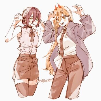 Rule 34 | 2girls, bare arms, bare shoulders, black choker, black necktie, black pants, black ribbon, black shorts, black thighhighs, blonde hair, blue coat, blush, breasts, chainsaw man, choker, claw pose, coat, collared shirt, commentary request, cowboy shot, cropped legs, cross-shaped pupils, demon girl, er1ji6ou2004, furrowed brow, green eyes, grenade pin, hair between eyes, hair bun, horns, long hair, medium breasts, medium hair, multiple girls, neck ribbon, necktie, open mouth, orange eyes, pants, power (chainsaw man), red horns, reze (chainsaw man), ribbon, sharp teeth, shirt, shirt partially tucked in, shorts, sleeveless, sleeveless shirt, smile, symbol-shaped pupils, teeth, thighhighs, twitter username, updo, white background, white shirt