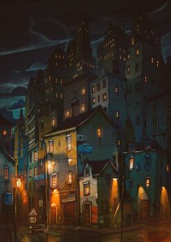 balcony cloud francisco_fonseca highres hotel lamppost motel night night_sky no_humans original power_lines road_sign sign sky urban vent_(object) window_blinds window_light