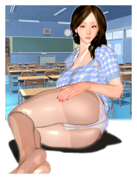 1girl ass breasts brown_eyes brown_hair chair chalkboard classroom crotch_seam desk earrings gusset indoors jewelry kill_the_king long_hair looking_at_viewer lying mature_female nail_polish necklace no_shoes on_side panties panties_under_pantyhose pantyhose see-through_clothes see-through_legwear solo teacher underwear white_panties