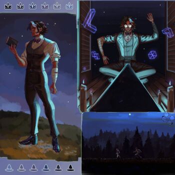 1boy 1girl adventure_time adventure_time:_fionna_and_cake arm_up bandaged_arm bandages betty_grof black_hair black_vest blue_sky book bow bowtie candle coeurdeluciole crown crying crying_with_eyes_open dark forest full_body glasses highres holding holding_book indoors male_focus multiple_views nature night outdoors puzzle_piece running shirt short_hair simon_petrikov single_hair_streak sky sleeves_rolled_up standing star_(sky) starry_sky tears vest white_shirt white_streaks