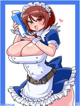1girl :d alternate_breast_size_(larger) alternate_costume apron blue_background blue_dress blush breasts brown_hair cleavage cleavage_cutout clothing_cutout commentary_request cowboy_shot dress drink_carton enmaided frilled_apron frilled_dress frills green_eyes heart heterochromia highres itini-sanshi large_breasts looking_at_viewer maid maid_headdress milk_carton open_mouth puffy_short_sleeves puffy_sleeves purple_eyes red_eyes rozen_maiden short_hair short_sleeves simple_background smile solo souseiseki two-tone_background white_apron white_background