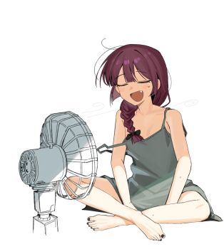 Rule 34 | 1girl, black nails, blush, bocchi the rock!, braid, chinese commentary, closed eyes, commentary request, dress, electric fan, fang, film grain, full body, green dress, haidao mao, highres, hiroi kikuri, indian style, long hair, nail polish, open mouth, purple hair, simple background, single braid, sitting, solo, strap slip, sweatdrop, toenail polish, toenails, white background