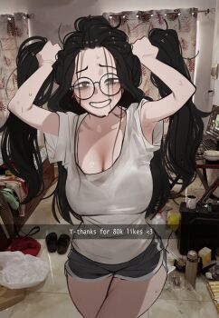 1girl absurdres armpits arms_up asmongold bags_under_eyes black_eyes black_hair black_shorts blush breasts bunching_hair cleavage clenched_teeth clutter collarbone cowboy_shot curtains dingotoad dolphin_shorts forehead girn grabbing_own_hair grin half-closed_eyes hands_in_own_hair highres holding holding_own_hair indoors large_breasts livestream long_hair looking_at_viewer messy_room original photo_background round_eyewear shirt short_shorts shorts smile sweatdrop teeth trash twintails white_shirt