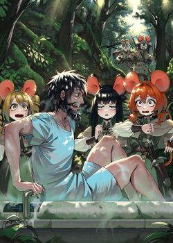>_< 1boy 5girls absurdres animal_ears backpack bag beard bedroll belt black_eyes black_hair blonde_hair brown_gloves bug bush capelet collared_shirt commentary cryogenic_pod d: dagger drill_hair english_commentary facial_hair gemi_ningen glasses gloves green_shirt gun highres hospital_gown jungle knife knife_sheath long_hair mouse_ears mouse_girl mouse_tail multiple_girls nature open_mouth ratkin_(rimworld) red_eyes red_hair rifle rimworld sheath shirt short_twintails sweatdrop tail tree twintails weapon white_hair yellow_eyes