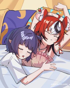 2girls ahoge animal_ear_fluff animal_ears bed_sheet black_streaks commentary earrings food-themed_earrings food_themed_earrings hakos_baelz hakos_baelz_(strawberry_onesie) highres hololive hololive_english jewelry mouse_ears mouse_girl multiple_girls necklace nightgown ninomae_ina'nis ninomae_ina'nis_(loungewear) open_mouth pillow pink_nightgown pointy_ears red_hair shirt short_hair sleeping strawberry_earrings tentacle_hair tentacleluver triangle_mouth virtual_youtuber white_shirt white_streaks