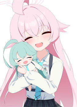 1girl absurdres antenna_hair aqua_hair blue_archive blue_necktie blush closed_eyes doll highres hoshino_(blue_archive) long_hair natukuzira necktie pink_hair shirt simple_background solo upper_body white_background white_shirt yume_(blue_archive)