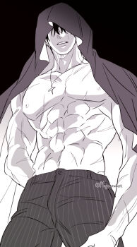 1boy abs black_hair clenched_teeth cloak covered_eyes facing_viewer from_below hand_in_pocket hood hood_up hooded_cloak jewelry maga_mok23 male_focus multiple_scars muscular muscular_male necklace nipples no_shirt omniscient_reader&#039;s_viewpoint pectorals scar scar_across_eye scar_on_arm scar_on_chest scar_on_face scars_all_over secretive_plotter short_hair solo star_pendant teeth too_many yoo_joonghyuk