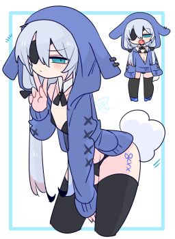 1boy :/ :o animal_ear_hood arm_between_legs bare_shoulders black_bra black_panties black_ribbon black_thighhighs blue_cardigan blue_eyes blue_hair blue_shoes blush bow bra bulge cardigan chibi collarbone colored_tips commentary contrapposto cowboy_shot crossdressing crossdressing_(mtf) detached_collar double-parted_bangs eyepatch fake_animal_ears fang flipped_hair full_body furrowed_brow hair_between_eyes hair_bow hand_up high_heels highres hood hood_up hooded_cardigan leaning_forward long_hair long_sleeves looking_at_viewer male_focus midriff multicolored_hair multiple_views narrowed_eyes navel neck_ribbon no_nose one_eye_covered op_na_yarou open_cardigan open_clothes open_mouth original panties quad_tails rabbit_boy rabbit_tail red_hair ribbon rigel_(op_na_yarou) shoes sidelocks simple_background sleeves_past_fingers sleeves_past_wrists standing straight_hair tail thighhighs thighs trap underwear v very_long_hair watermark white_background white_hair