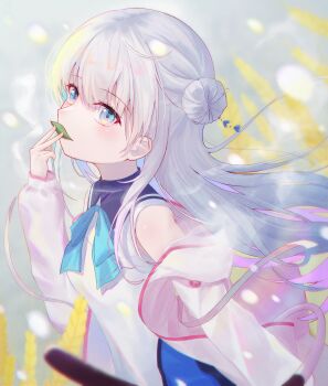 Rule 34 | 1girl, absurdres, anemoi, bare shoulders, blue bow, blue bowtie, blue eyes, blush, bow, bowtie, commentary request, covered mouth, day, dress, eyelashes, eyes visible through hair, film grain, floating hair, flowingcrescent, from side, grey hair, hair between eyes, hair bun, hand up, highres, holding, holding leaf, jacket, leaf, leaf in mouth, long hair, long sleeves, looking at viewer, open clothes, open jacket, outdoors, pink jacket, sidelocks, single side bun, sleeveless, sleeveless dress, solo, tsujikura spica, upper body, v, very long hair, wheat, wheat field, white dress, wind