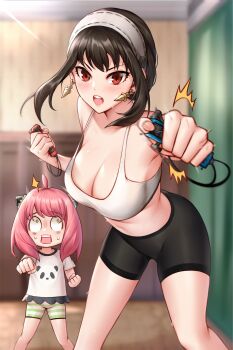 2girls :o anya_(spy_x_family) bike_shorts black_hair black_shorts blush breasts broken child cleavage controller crop_top exercising hairband highres holding holding_controller hua-j indoors joy-con large_breasts leaning_forward long_hair looking_at_another looking_at_viewer medium_hair mother_and_daughter multiple_girls nintendo_switch pink_hair punching red_eyes shorts sports_bra sportswear spy_x_family striped_clothes striped_shorts surprised sweat sweatdrop thighs white_hairband white_sports_bra wide-eyed yor_briar