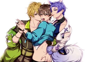 3boys animal_ear_fluff animal_ears ass ass_grab back blonde_hair blush brown_eyes brown_hair chain clothes_lift ear_licking eiden_(nu_carnival) fangs finger_in_another's_mouth finger_in_ass fingerless_gloves fox_boy fox_ears fox_tail gloves hand_under_clothes hand_under_shirt holding holding_hands jacket jacket_lift kuya_(nu_carnival) licking looking_at_viewer looking_to_the_side male_focus mole mole_under_eye multiple_boys nail_polish nu_carnival open_mouth orange_eyes purple_eyes purple_hair quincy_(nu_carnival) see-through_clothes see-through_sleeves shirt short_hair sleeveless smug sweatdrop tail teeth upper_teeth_only watch white_background wrist_watch yadome810 yaoi