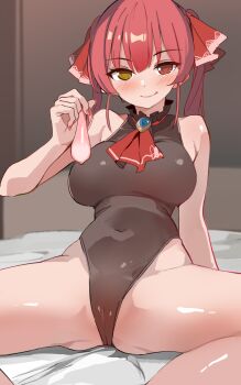 1girl :p bare_shoulders black_leotard blush breasts cameltoe commentary condom covered_navel heterochromia highleg highleg_leotard highres holding holding_condom hololive houshou_marine houshou_marine_(1st_costume) kamukamu_(ars) large_breasts leotard long_hair looking_at_viewer red_eyes red_hair smile solo spread_legs tongue tongue_out twintails used_condom virtual_youtuber yellow_eyes