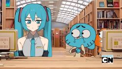 Rule 34 | 1girl, bare shoulders, black sleeves, blue necktie, closed mouth, collared shirt, darwin watterson, detached sleeves, grey shirt, gumball watterson, hatsune miku, highres, long sleeves, looking to the side, mykokampfwagen, necktie, screenshot background, shirt, solo, sweat, the amazing world of gumball, vocaloid