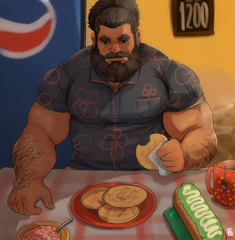 1boy 2024 absurdres arm_hair bara beard black_shirt bread breast_pocket broad_shoulders connected_beard cup doctor_anfelo dungeon_meshi dwarf facial_hair food full_beard highres holding holding_food pepsi plate pocket senshi_(dungeon_meshi) shirt signature table tea