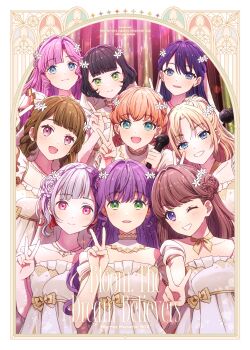 4th_live_dream_~bloom_the_dream_believers~ 6+girls :3 :d ;d absurdres anyoji_hime aqua_eyes bare_shoulders black_hair blonde_hair blu-ray_cover blue_eyes braid brown_hair closed_mouth commentary_request cover dress flower-shaped_hair frilled_dress frills fujishima_megumi green_eyes grey_hair grin highres hinoshita_kaho itsudemo_itsumademo_(love_live!) kachimachi_kosuzu link!_like!_love_live! long_hair looking_at_viewer love_live! momose_ginko multiple_girls murano_sayaka off-shoulder_dress off_shoulder official_art one_eye_closed open_mouth orange_hair osawa_rurino otomune_kozue parted_lips pink_eyes pink_hair purple_eyes purple_hair short_hair sleeveless sleeveless_dress smile twin_braids v virtual_youtuber white_dress yugiri_tsuzuri