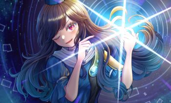 Rule 34 | 1girl, armor, black coat, blue dress, blue hat, blush, brown hair, coat, commentary request, dress, hat, iizunamaru megumu, kyabekko, long hair, looking at viewer, one eye closed, open mouth, pauldrons, red eyes, shoulder armor, shoulder guard, single pauldron, sleeveless, sleeveless coat, smile, solo, surcoat, tokin hat, touhou