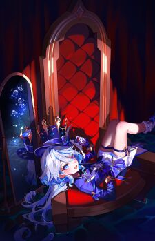1girl absurdres ascot asymmetrical_gloves blue_ascot blue_gem blue_hair blue_hat blue_jacket blush chair colored_inner_hair commentary_request drop-shaped_pupils eyelash_ornament flood from_above furina_(genshin_impact) gem genshin_impact gloves hat heterochromia highres huya_(huy4_53) jacket knees_up long_hair looking_at_viewer lying mirror mismatched_gloves mismatched_pupils multicolored_hair on_back on_chair open_mouth ouji_fashion shorts sitting_sideways socks solo spotlight streaked_hair symbol-shaped_pupils thigh_strap top_hat wavy_hair white_shorts white_socks