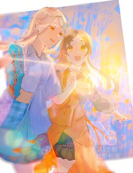 2girls :d absurdres asymmetrical_sleeves black_skirt blonde_hair blue_sky blunt_ends blurry blurry_background border brown_eyes brown_hair cloud collared_shirt commentary_request cowboy_shot dress earrings film_grain gakuen_idolmaster hair_ornament hairclip hamham_gkms highres holding_hands idolmaster jewelry kuramoto_china laurels leaf_hair_ornament lens_flare long_hair long_sleeves looking_ahead looking_at_another michinaru_hirogaru_(idolmaster) multiple_girls open_mouth orange_dress orange_eyes outside_border parallel_hairclips parted_bangs shinosawa_hiro shirt short_sleeves sidelighting signature skirt sky smile stud_earrings sunlight sunset watermark white_border white_shirt