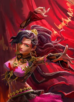 1girl armpits arms_up blue_eyes blue_hair breasts closed_mouth commentary crescent crescent_earrings crop_top dancer dancing dark-skinned_female dark_skin earrings english_commentary fire_emblem fire_emblem:_fortune&#039;s_weave gold_choker gold_earrings harem_outfit high_ponytail highres jewelry leda_(fire_emblem) looking_at_viewer medium_breasts midriff navel nintendo ponytail red_lips skirt solo stomach upper_body yanmanxplore