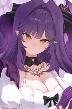 1girl :&gt; black_horns blunt_ends bow breasts cleavage closed_mouth dragon_girl dragon_horns frilled_shirt frills gem gloves gold_necklace gold_trim hair_intakes hashtag-only_commentary head_tilt highres holding holding_umbrella horns iozikn jewelry large_breasts long_hair looking_at_viewer necklace parasol pink_gemstone pointy_ears puffy_short_sleeves puffy_sleeves purple_gloves purple_hair sakihane_huya shirt shirt_bow short_sleeves slit_pupils smile solo stellive two_side_up umbrella upper_body very_long_hair virtual_youtuber white_shirt yellow_eyes