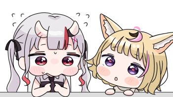 2girls :o animal_ear_fluff animal_ears black_bow black_hair black_necktie blonde_hair bow chibi collared_shirt flying_sweatdrops fox_ears grey_hair grey_shirt hair_bow hair_ornament highres hololive horns long_hair mochimiko multicolored_hair multiple_girls nakiri_ayame nakiri_ayame_(streetwear) necktie omaru_polka omaru_polka_(casual) oni parted_lips pink_hair red_eyes red_hair shirt simple_background streaked_hair sweat table twintails very_long_hair virtual_youtuber white_background x_hair_ornament yurie_mouth