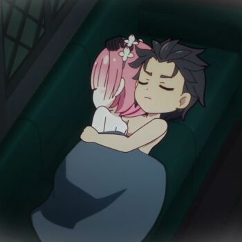 1boy 1girl bare_shoulders black_hair blunt_bangs bob_cut breasts closed_eyes closed_mouth commentary couch cuddling hair_between_eyes hair_ornament hair_over_one_eye hair_slicked_back hand_on_another's_head hetero holoodvr hug hug_from_behind indoors lying maid_headdress natsuki_subaru nude on_back on_couch on_side pink_hair ram_(re:zero) re:zero_kara_hajimeru_isekai_seikatsu short_hair sleeping under_covers untranslatable_commentary window