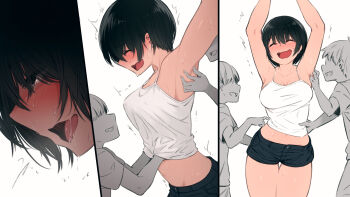 1girl 2boys age_difference armpits arms_up black_hair blush closed_eyes eyes_visible_through_hair faceless faceless_male hand_under_clothes hand_under_shirt highres kemuri_haku multiple_boys open_mouth original saliva shirt short_hair short_shorts shorts shota sweat tears thighs tickling tomboy white_background white_shirt