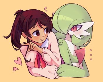 ... 2girls artist_self-insert bella_(bellavoirr) bellavoirr blush bob_cut breasts brown_eyes brown_hair collarbone colored_skin dark-skinned_female dark_skin earrings eye_contact female_focus flat_chest gardevoir gen_3_pokemon green_hair green_skin hair_over_one_eye hand_up happy heart heart_earrings highres holding_hands jewelry long_hair long_sleeves looking_at_another matching_hair/eyes medium_breasts multicolored_skin multiple_girls neck_ribbon nintendo notice_lines open_mouth original pink_sweater pokemon pokemon_(creature) pokephilia ponytail red_eyes red_ribbon ribbon shiny_clothes shirt short_hair shy sidelocks simple_background smile stud_earrings surprised sweater two-tone_skin upper_body white_shirt white_skin yellow_background yuri