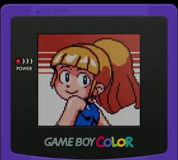 1girl animated ass ass_shake blonde_hair blue_eyes bunshirisan capcom game_boy game_boy_color handheld_game_console loli looking_back mega_man_(series) one-piece_swimsuit one_eye_closed pixel_art ponytail roll_(mega_man) seductive_smile smile sound swimsuit video