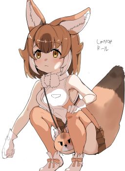 1girl absurdres animal_ears bag bare_shoulders bow bowtie brown_hair dhole_(kemono_friends) extra_ears gloves highres kemono_friends llb looking_at_viewer shirt shoes short_hair simple_background sitting skirt sleeveless sleeveless_shirt solo tail thighhighs wolf_ears wolf_girl wolf_tail yellow_eyes