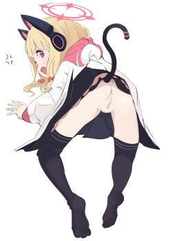 1girl all_fours anger_vein animal_ear_headphones animal_ears anus ass black_skirt black_thighhighs blonde_hair blue_archive blush bow cat_ear_headphones cat_ears cat_tail cleft_of_venus fake_animal_ears fake_tail from_behind full_body hair_bow halo headphones hood hooded_jacket jacket loli long_sleeves looking_at_viewer looking_back momoi_(blue_archive) no_panties no_shoes oni-_-on open_mouth pink_eyes pink_halo pussy red_bow short_hair simple_background skirt solo tail thighhighs uncensored white_background white_jacket