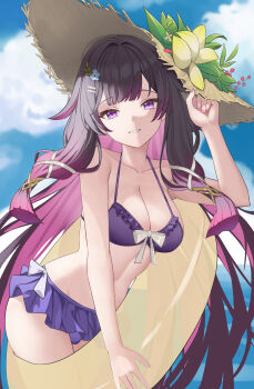 1girl absurdres alternate_breast_size_(larger) bikini blue_sky breasts cleavage columbina_(genshin_impact) commentary_request frilled_bikini frills genshin_impact hat highres innertube lao_xi large_breasts long_hair looking_at_viewer purple_eyes purple_hair sky smile solo stomach straw_hat swim_ring swimsuit very_long_hair