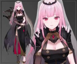 1girl animated armlet armor belt black_dress black_nails bouncing_breasts bracer breasts capelet cleavage detached_sleeves dress expressionless head_tilt holding hololive hololive_english jewelry large_breasts live2d long_hair megajujube mori_calliope mori_calliope_(1st_costume) multiple_views nail_polish official_art pauldrons pink_eyes pink_hair scythe shoulder_armor shoulder_pads side_slit tiara torn_clothes veil video virtual_youtuber white_background yukisame