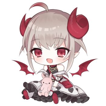 1girl ahoge arm_strap bag bare_shoulders belt blush bracelet broken_heart_print chibi chibi_only collar colored_tips cross cross_print curled_horns demon_girl demon_horns demon_wings detached_wings dress dyed_ahoge fang frilled_dress frills full_body gloves grey_hair hair_between_eyes handbag heart heart_print highres holding holding_stuffed_toy horns jewelry long_dress makaino_ririmu makaino_ririmu_(1st_costume) milk_merry multicolored_hair nijisanji no_socks off-shoulder_dress off_shoulder open_mouth outstretched_legs pointy_ears red_bag red_collar red_eyes red_horns red_shoes red_streaks red_wings shirt_under_dress shoe_soles shoes short_hair shoulder_bag sidelocks sitting skin_fang smile solo streaked_hair stuffed_animal stuffed_rabbit stuffed_toy transparent_background undershirt virtual_youtuber white_dress white_gloves white_shoes wings