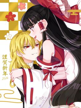 2026 2girls absurdres black_vest blonde_hair blush bow brown_hair carrying carrying_person commentary_request detached_sleeves egasumi frilled_bow frilled_hair_tubes frills grin hair_bow hair_tubes hakurei_reimu happy_new_year highres hug_carry kirisame_marisa long_hair mito_(fate) multiple_girls new_year no_headwear open_mouth red_bow red_eyes red_nails red_skirt ribbon-trimmed_sleeves ribbon_trim signature skirt skirt_set smile touhou translation_request twitter_username very_long_hair vest yuri