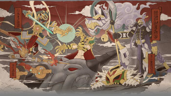 Rule 34 | 1girl, 6+boys, armor, attack, bandai, battle, breasts, brother and sister, cleavage, digimoji, digimon, digimon (creature), electricity, erlangmon, fighting, fine art parody, full armor, ginkakumon, glowing, glowing hand, highres, holding, holding sword, holding weapon, horns, kinkakumon, large breasts, looking at another, monster boy, monster girl, multiple boys, navel, nezhamon, official art, parody, polearm, red eyes, restrained, sharp teeth, siblings, sky, sword, takutoumon, teeth, translation request, weapon, xingtianmon