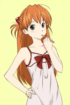 1girl blue_eyes brushing_teeth camisole chemise closed_mouth commentary_request gedou_(ge_ge_gedou) hair_between_eyes interface_headset_(evangelion) long_hair looking_at_viewer neon_genesis_evangelion orange_hair simple_background solo souryuu_asuka_langley two_side_up white_camisole white_chemise