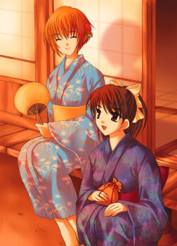 2girls 5pb. blonde_hair brown_eyes brown_hair ever_17 closed_eyes hand_fan game_cg japanese_clothes kimono matsunaga_sara multiple_girls paper_fan porch ribbon short_hair shouji sliding_doors smile tanaka_yubiseiakikana tanaka_yubiseiharukana uchiwa veranda you