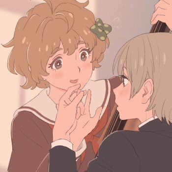 Rule 34 | 1boy, 1girl, 55bata6rou, black jacket, blonde hair, bow, brown eyes, brown hair, brown shirt, flying sweatdrops, hair bow, hand up, hibike! euphonium, highres, holding, holding hands, jacket, kawashima sapphire, kitauji high school uniform, long sleeves, looking at another, neckerchief, open mouth, red neckerchief, sailor collar, school uniform, shirt, short hair, smile, tsukinaga motomu, upper body, white sailor collar