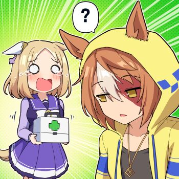 ? blonde_hair blood blood_on_face blush collarbone commentary_request dicta_striker_(umamusume) highres hood hooded_jacket horse_girl jacket jewelry narita_top_road_(umamusume) o_o pendant school_uniform short_hair spoken_question_mark takiki tears tracen_school_uniform umamusume umamusume:_cinderella_gray yellow_jacket