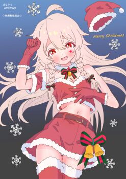 1girl ahoge alternate_costume artist_name bare_shoulders bell belt blush bow braid breasts christmas collarbone commentary_request cowboy_shot crop_top detached_sleeves fur-trimmed_skirt fur-trimmed_thighhighs fur_trim gloves grey_hair hair_between_eyes hair_bow hair_ornament hair_ribbon hands_up hat highres long_hair looking_at_viewer merry_christmas midriff miniskirt navel onii-chan_wa_oshimai! open_mouth oyama_mahiro pa_panahana red_eyes red_gloves red_hat red_skirt red_thighhighs ribbon santa_costume santa_hat sidelocks simple_background skirt sleeveless small_breasts smile snow solo stomach thighhighs tongue twin_braids twitter_username very_long_hair