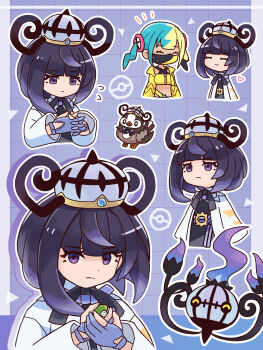 2girls absurdres aqua_hair bandeau belt belt_buckle black_dress black_hair blonde_hair blunt_bangs bob_cut buckle canari_(pokemon) chandelure closed_eyes closed_mouth coat dress eyelashes gen_4_pokemon gen_5_pokemon gloves grid_background gwynn_(pokemon) hat heart highres interlocked_fingers long_sleeves looking_at_viewer mask mega_stone mouth_mask multicolored_hair multiple_girls multiple_views name_connection neko_gyoza nest_ball nintendo o-ring o-ring_belt open_clothes open_coat own_hands_together partially_fingerless_gloves poke_ball poke_ball_(basic) poke_ball_symbol pokemon pokemon_(creature) pokemon_legends:_z-a purple_eyes purple_hair short_hair smile split-color_hair starly white_coat