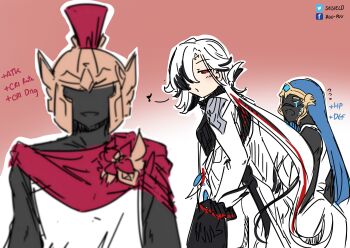 1girl 2others absurdres arlecchino_(genshin_impact) black_eyes black_hair blurry blurry_foreground coat crying distracted_boyfriend_(meme) english_text facebook_logo facebook_username flying_sweatdrops gameplay_mechanics genshin_impact gloves hair_over_one_eye helm helmet highres long_hair long_sleeves looking_at_another low_ponytail meme multicolored_hair multiple_others musical_note personification ponytail red_hair red_pupils sesield tears twitter_logo twitter_username unhappy veil very_long_hair white_hair