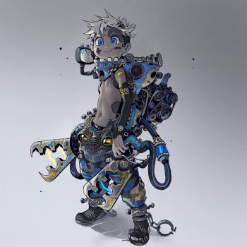 1boy black_shoes blue_eyes bolt_(hardware) child full_body highres lightning_bolt_symbol male_focus mecha mirror moonshen_timojim navel original plug reflection robot shoes simple_background smile solo stitches topless_male white_hair zombie