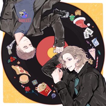 Rule 34 | 2boys, :d, aegyo sal, animification, arm at side, arm behind head, arm up, artist request, black jacket, blue eyes, blue shirt, border, brown hair, burger, buttons, can, candy, candy cane, card, cd, closed mouth, clothes writing, collared jacket, confetti, curly hair, drink can, dylan klebold, ear piercing, eric harris, fast food, flower, food, forehead, french fries, fur-trimmed headwear, fur trim, gift, gingerbread man, green eyes, grin, gun, hair behind ear, halftone, halftone background, hand on own arm, hand up, handgun, hat, jacket, leaf, lettuce, long sleeves, looking at another, looking at viewer, male focus, mcdonald's, mole, mole under eye, mole under mouth, multiple boys, open clothes, open jacket, open mouth, outside border, pale skin, party hat, party popper, piercing, pink hat, pizza, pizza slice, playing card, pom pom (clothes), real life, red flower, red hat, red rose, revolver, rose, santa hat, shirt, short hair, simple background, sleeves past wrists, smile, soda can, source request, star (symbol), striped hat, thick eyebrows, third-party source, true crime, two-tone hat, two-tone headwear, unworn hat, unworn headwear, upper body, upside-down, very short hair, weapon, white border, wrapped candy, yellow background, yellow hat