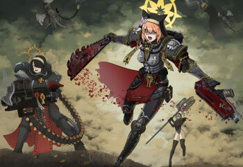 Rule 34 | absurdres, adepta sororitas, angry, armor, blood, blue archive, bolter, bullet, chainsword, cloud, crossover, gun, halo, heavy bolter, highres, hinata (blue archive), lembas, machine gun, mari (blue archive), orange hair, sakurako (blue archive), sensei (blue archive), warhammer 40k, weapon