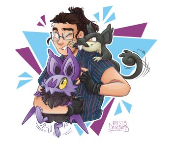 1boy absurdres alolan_form alolan_rattata black_fur black_gloves black_hair blue_shirt buck_teeth fingerless_gloves gen_6_pokemon gen_7_pokemon gloves highres mistydragonflyart nintendo noibat one_eye_closed pokemon pokemon_(creature) purple_fur self-portrait shirt short_sleeves signature solo striped_clothes striped_shirt tail teeth upper_body