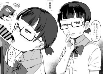 1boy 1girl bar_censor bow breasts censored cum cum_in_mouth fellatio freckles greyscale hand_up jimiko looking_at_viewer monochrome multiple_views niizuka_(c-drop) open_mouth oral original short_hair short_sleeves small_breasts speech_bubble stopwatch upper_body watch