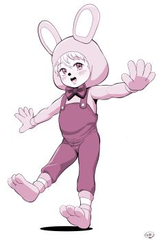 1girl aged_down animal_costume animal_ears animal_hood animal_nose blush born-to-die bow bowtie fake_animal_ears gloves heather_mason highres hood konami looking_at_viewer monochrome open_mouth overalls paw_gloves paw_shoes rabbit_costume rabbit_ears rabbit_girl rabbit_hood shoes short_hair silent_hill_(series) silent_hill_3 smile socks standing teeth